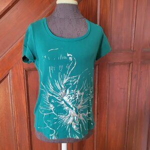 St. Johns Bay Green Floral Graphic Short Sleeve T-Shirt Womens L 100% Cotton Cas